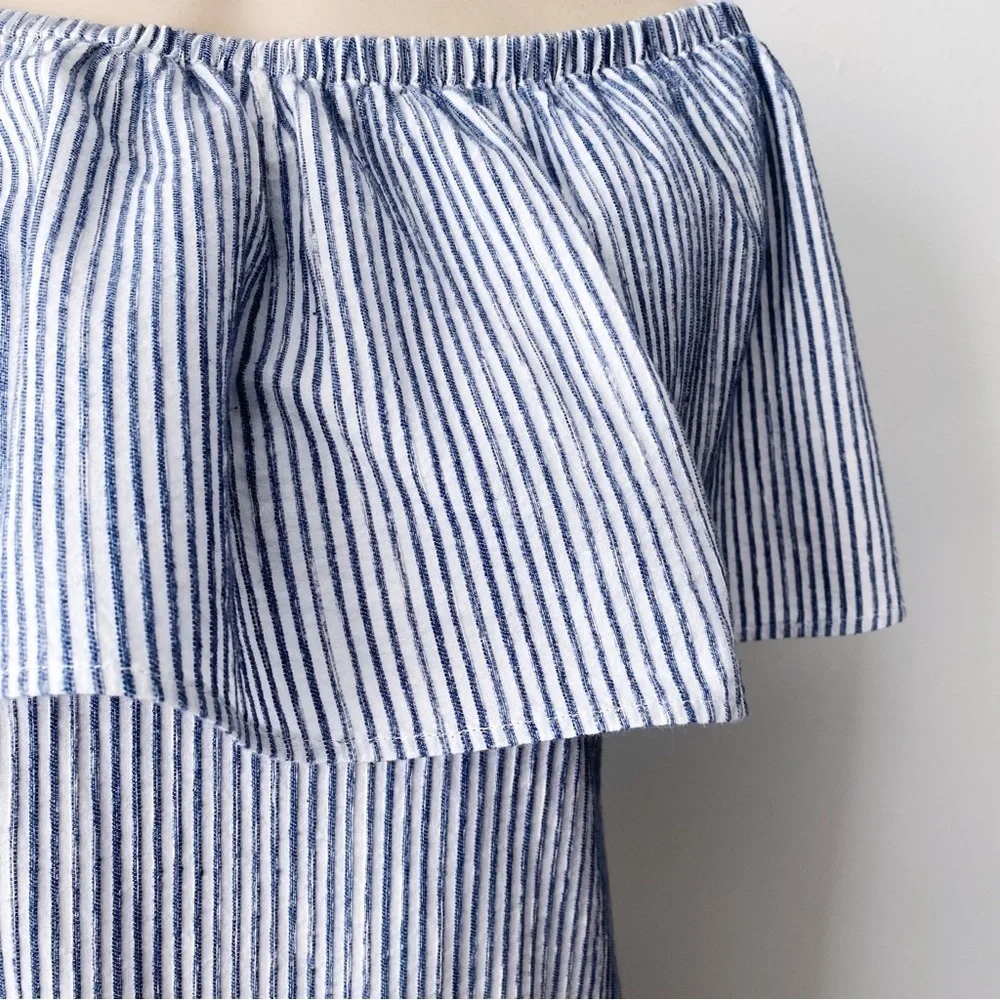 J.crew Striped Blue & White Off shoulder Dress boho Beachy Leisure relaxed Fit